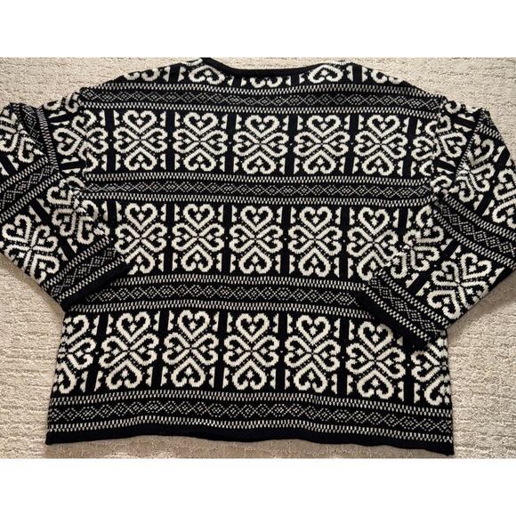 J.Jill Fair Isle Heart Crew Neck Sweater Black White Size L Knit Pullover - Picture 6 of 7